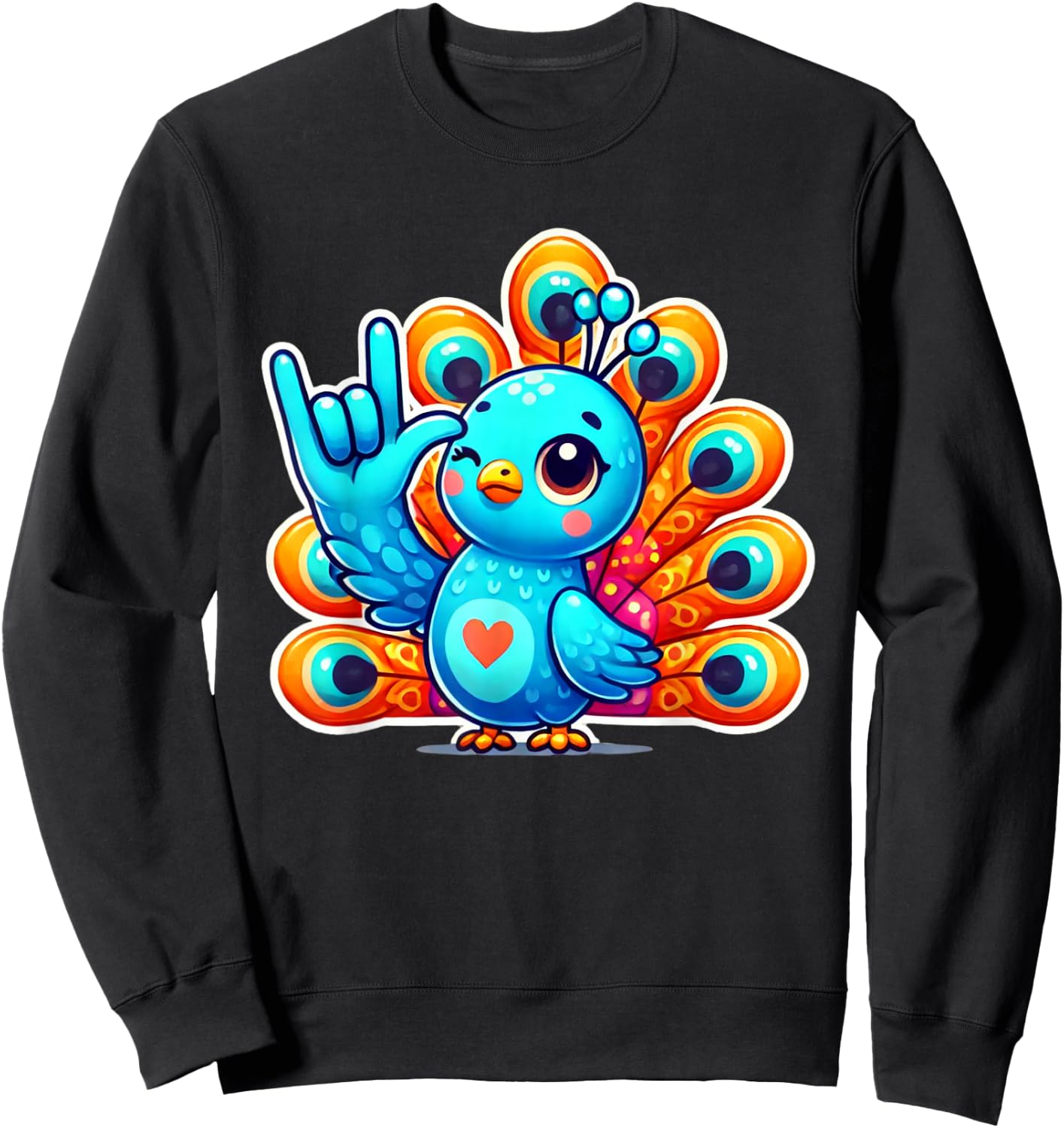 Cute Peacock Bird Love You Hand Sign Language ASL Sweatshirt - Sweatshirt | Black