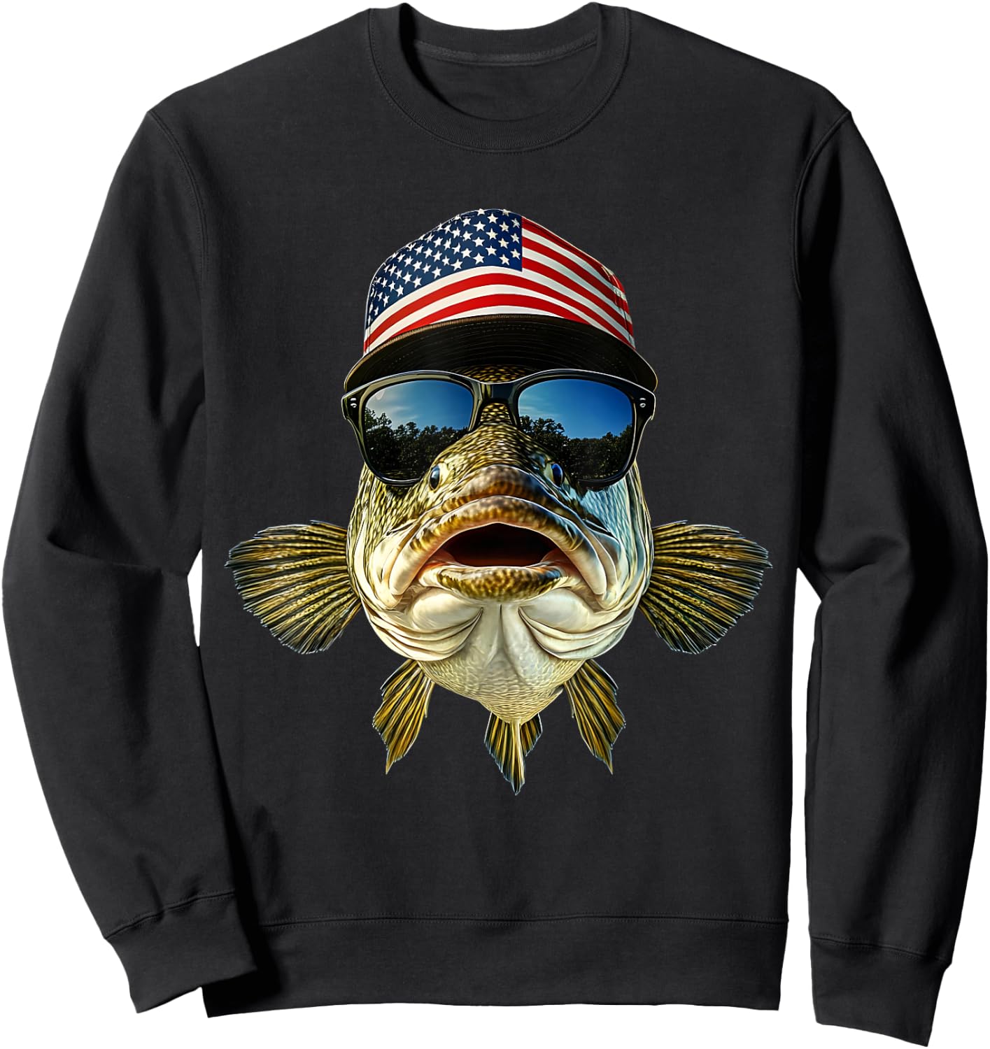 Bass Fishing Outfit USA Flag America Cap and Sunglasses Sweatshirt - Sweatshirt | Black