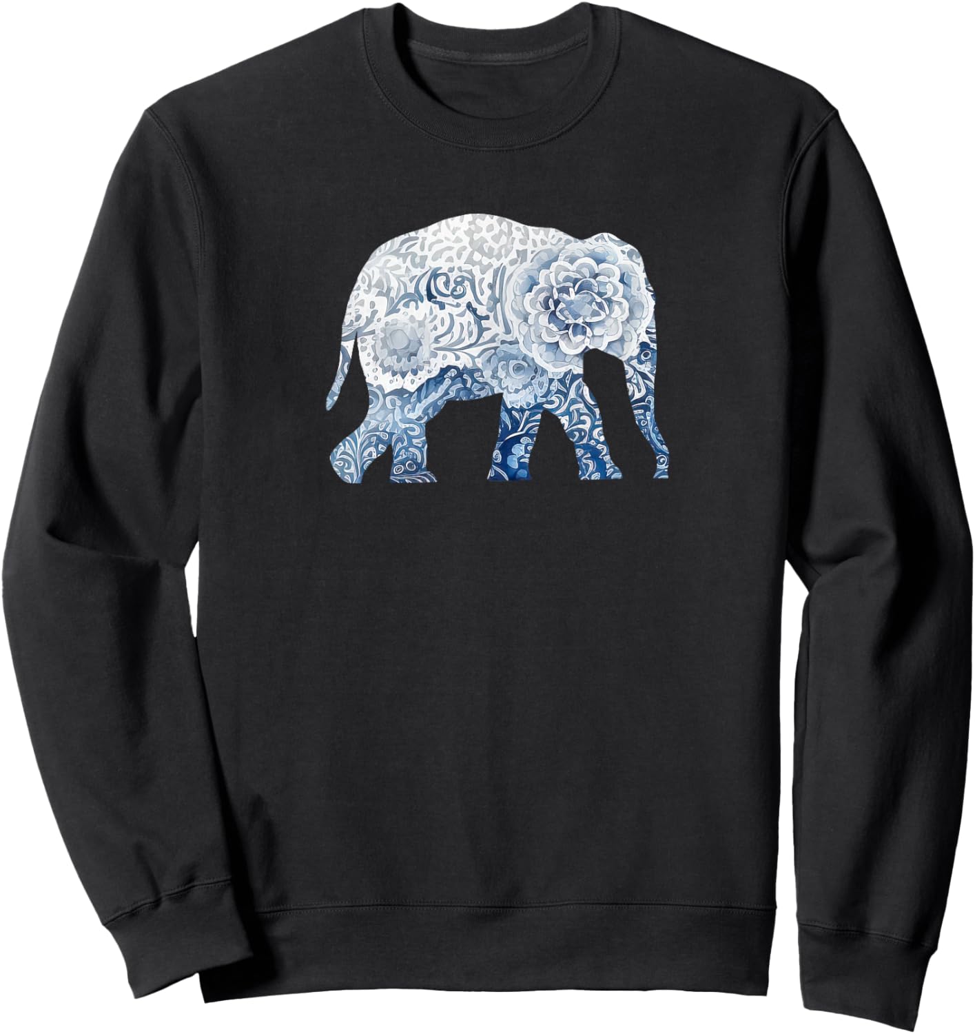 Elephant in the Style of Delft Blue, Blue and White Elephant Sweatshirt - Sweatshirt | Black