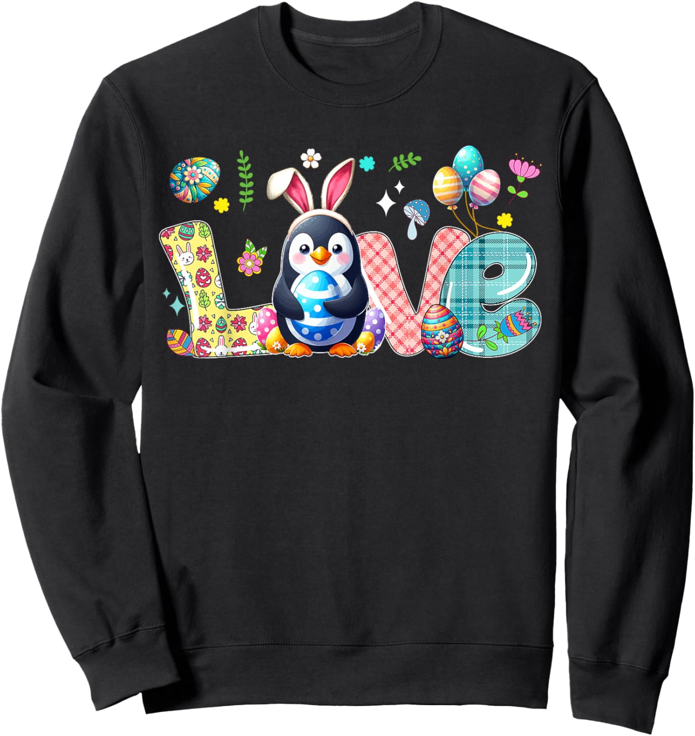 Love Easter Bunny Penguin Hunting Eggs Flowers Colourful Sweatshirt - Sweatshirt | Black