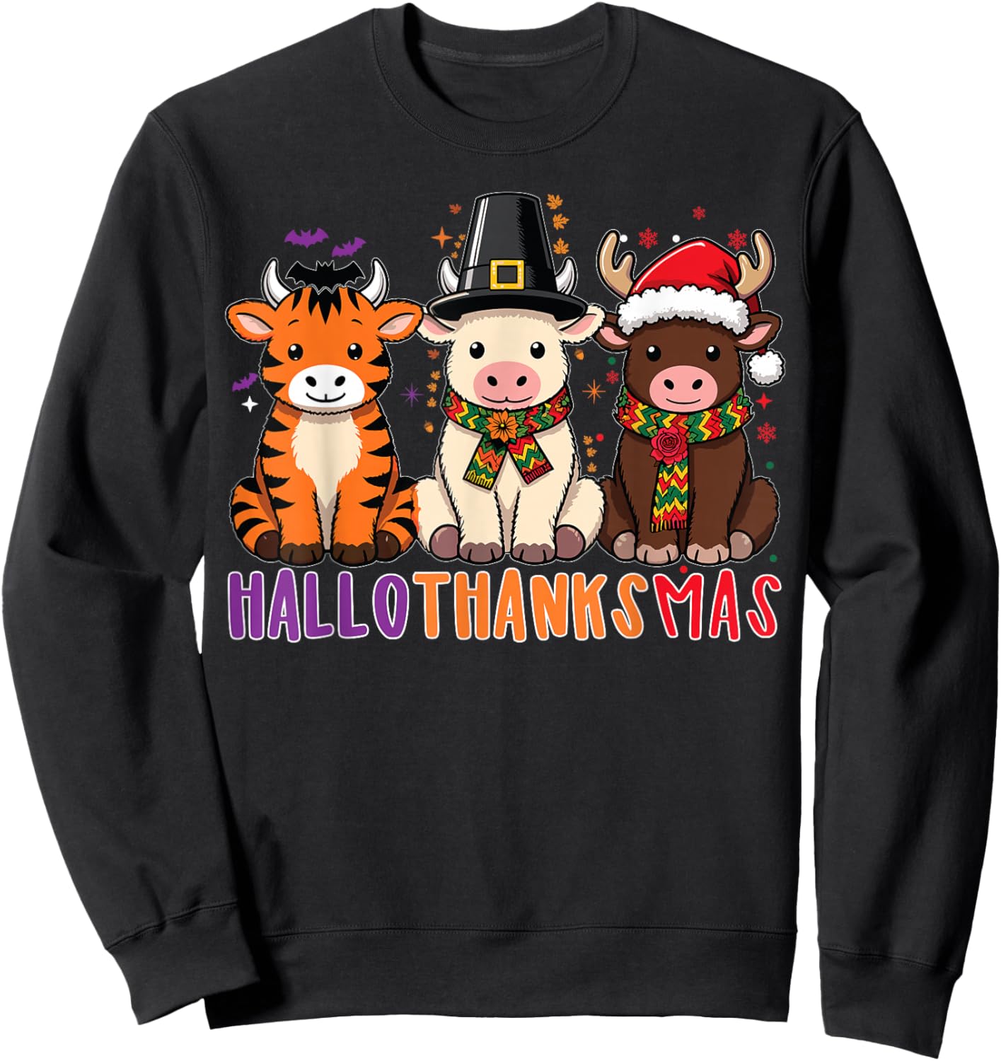 Highland Cow Hallothanksmas Christmas Holiday Sweatshirt - Sweatshirt | Black