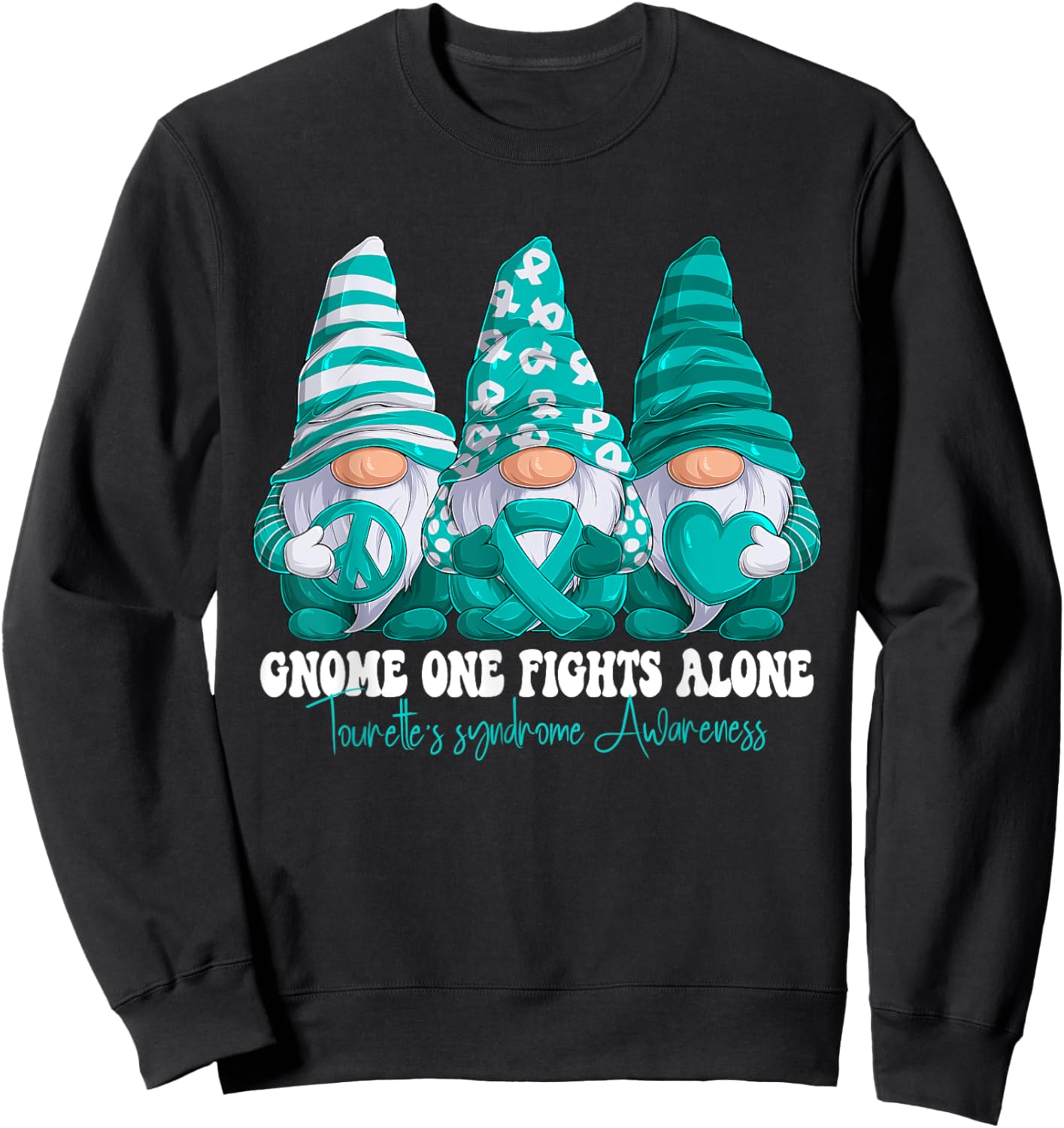 Tourette's Syndrome Awareness Month Teal Ribbon Gnomies Sweatshirt - Sweatshirt | Black