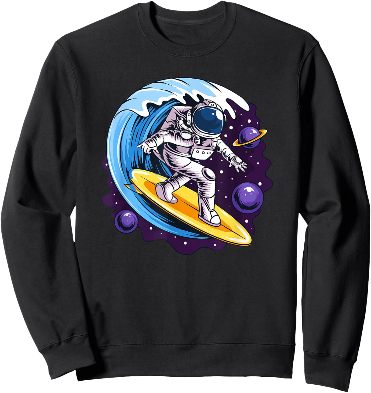 Astronauts Surf On A Surfboard In Space With Stars Planets Sweatshirt - Sweatshirt | Black