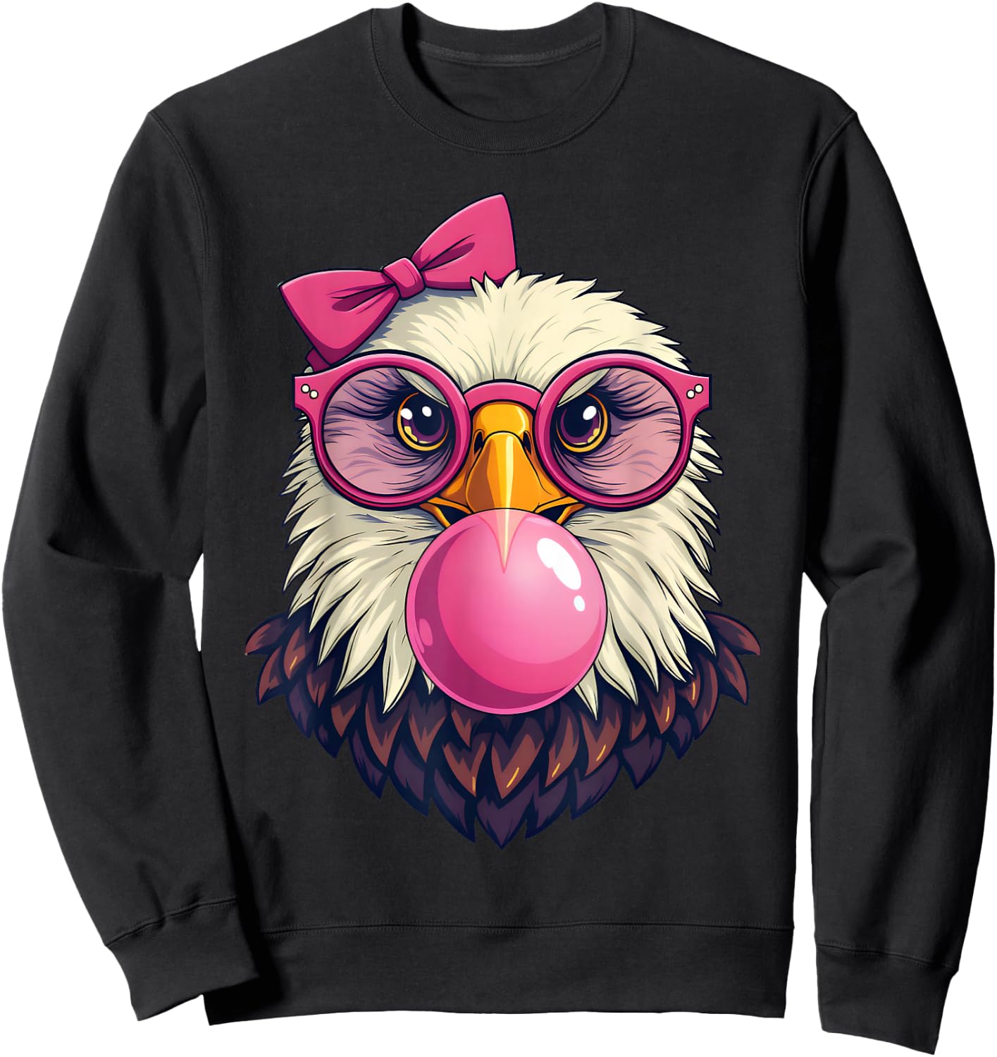 Cute Girl Bald Eagle Glasses Pink Bow Bubble Gum Eagle Lover Sweatshirt - Sweatshirt | Black