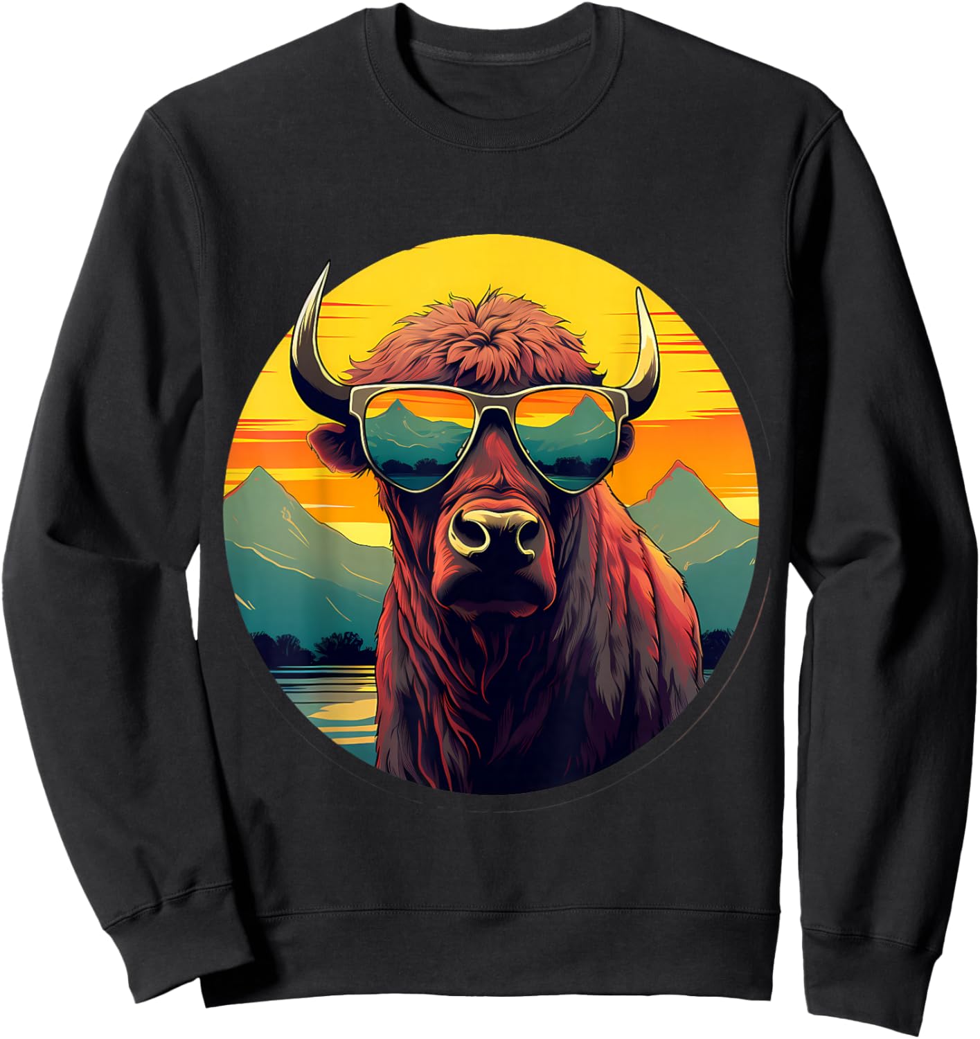 Buffalo Sunglasses Colorful Portrait Animal Art Safari Bison Sweatshirt - Sweatshirt | Black
