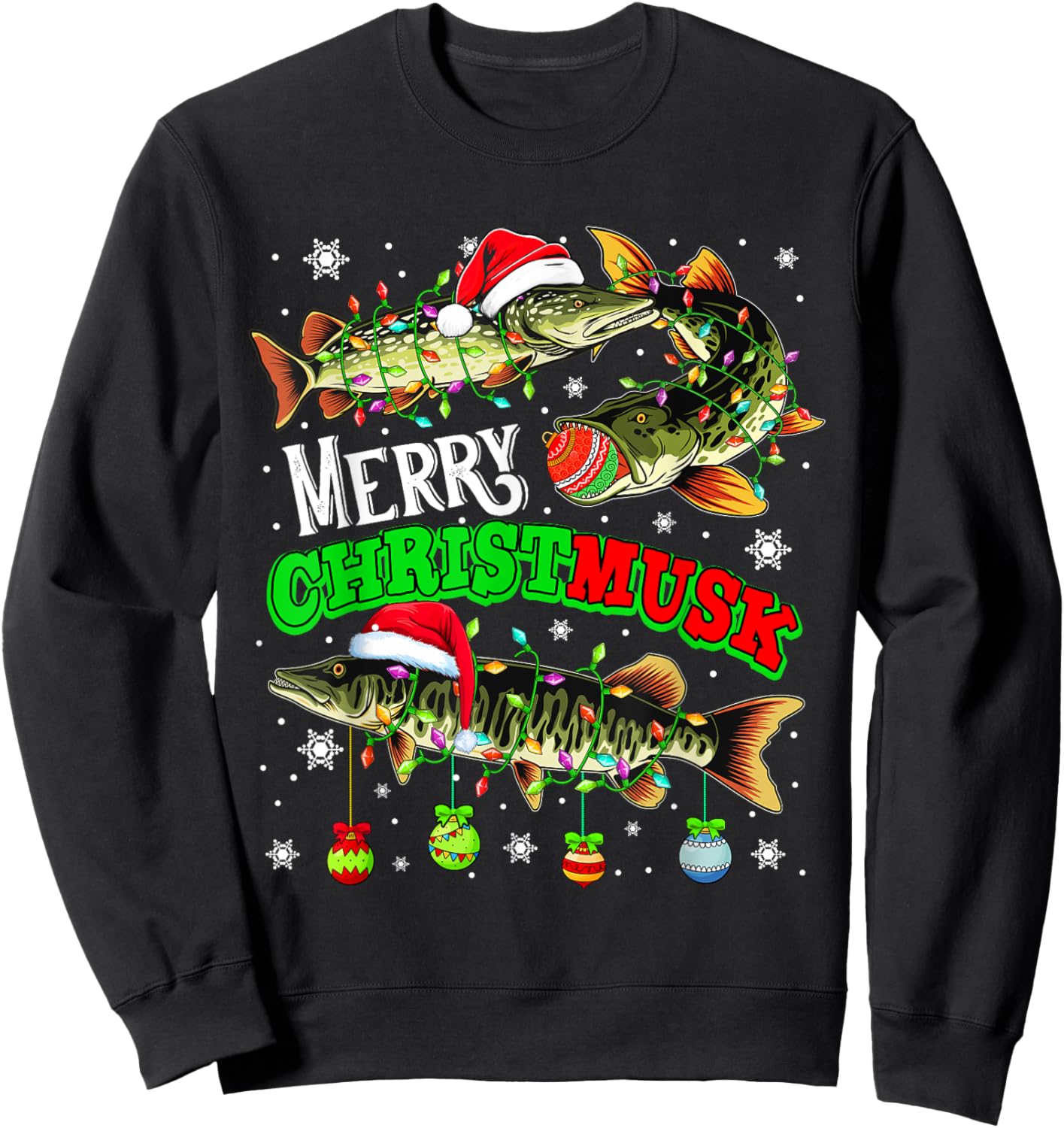 Merry Christmas Musky Three Santa Muskies Fisher Fishing Sweatshirt - Sweatshirt | Black