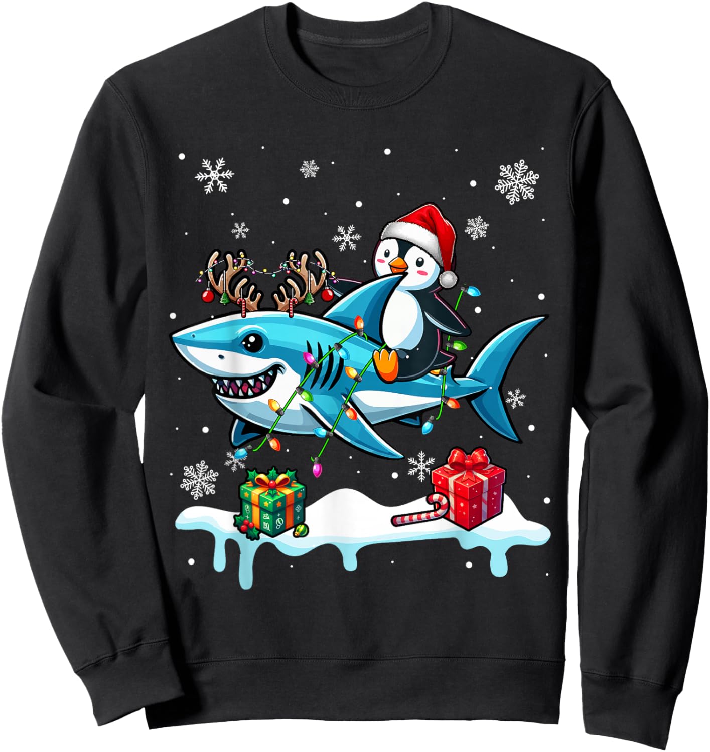 Christmas Santa Penguin Riding Reindeer Shark Lover Kids Sweatshirt - Sweatshirt | Black