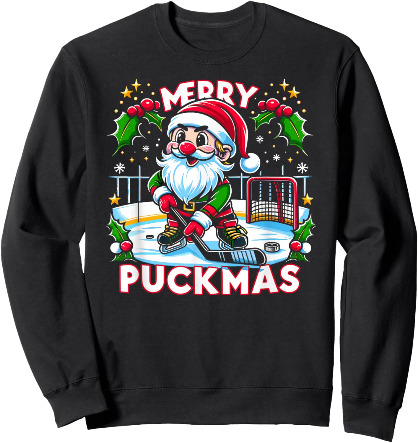Ice Hockey Gnome, Merry Puckmas, Icehockey Player Christmas Sweatshirt - Sweatshirt | Black