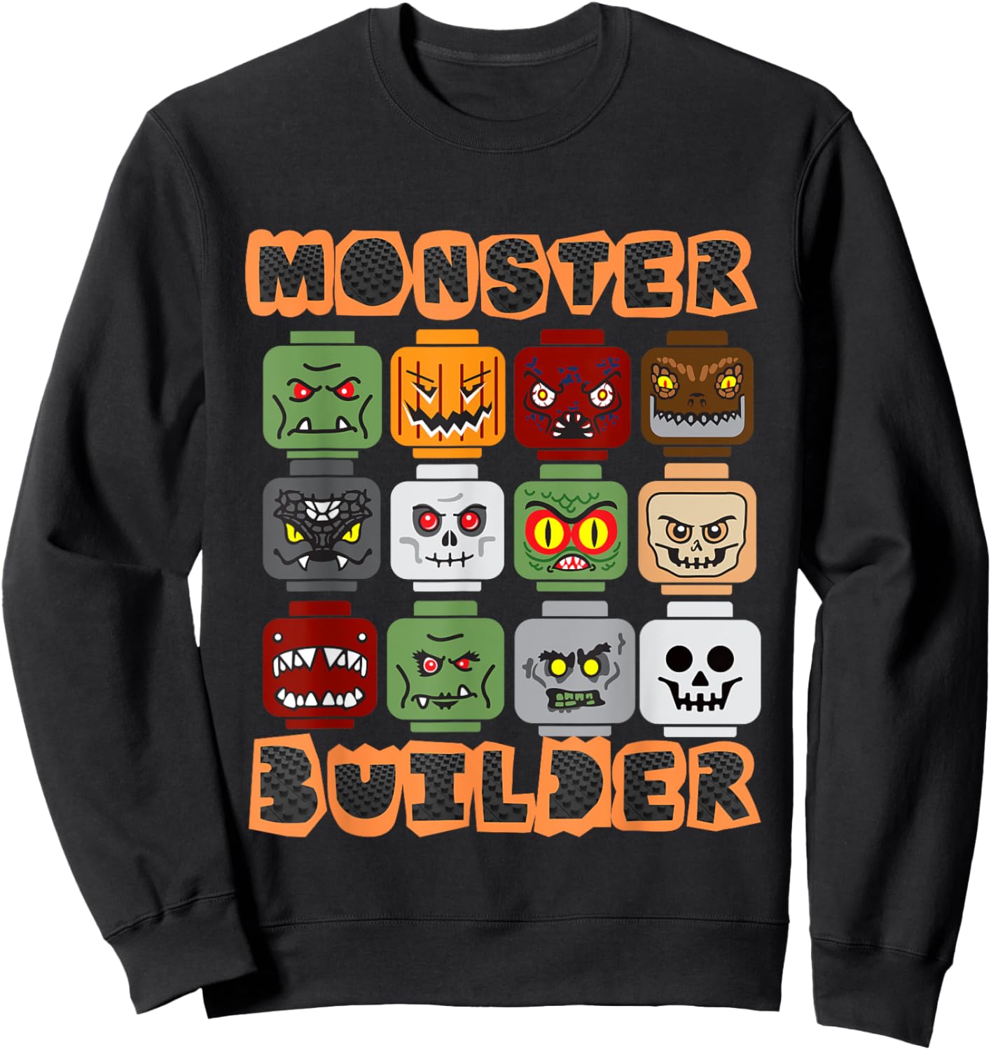 Halloween Building Bricks Monster Builder Brick Head Funny Sweatshirt - Sweatshirt | Black