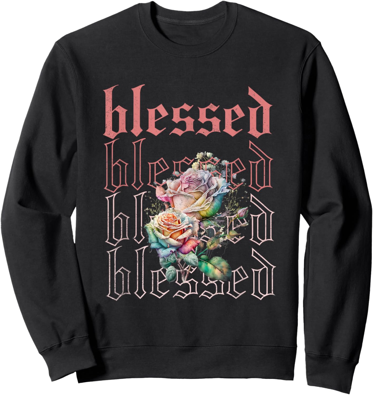 Christian Streetwear Blessed, Simple Christian Roses Sweatshirt - Sweatshirt | Black