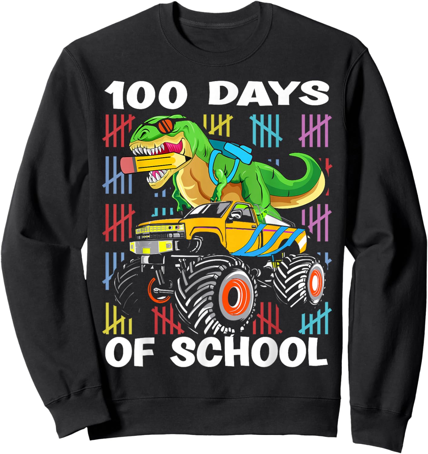 100th Day of School 100 Days School Truck Dinosaur Boys Kids Sweatshirt - Sweatshirt | Black