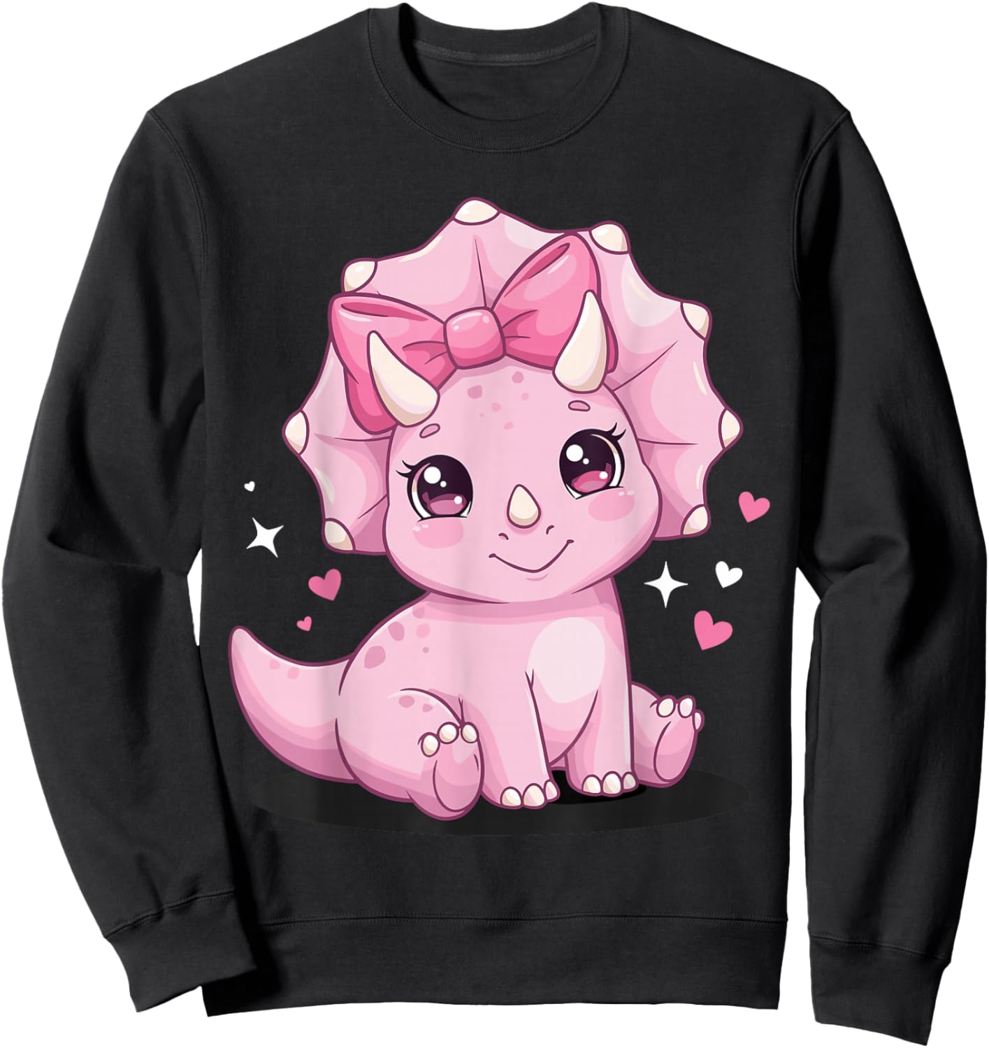 Pink Triceratops with Bow Cute Dinosaur Artwork Sweatshirt - Sweatshirt | Black