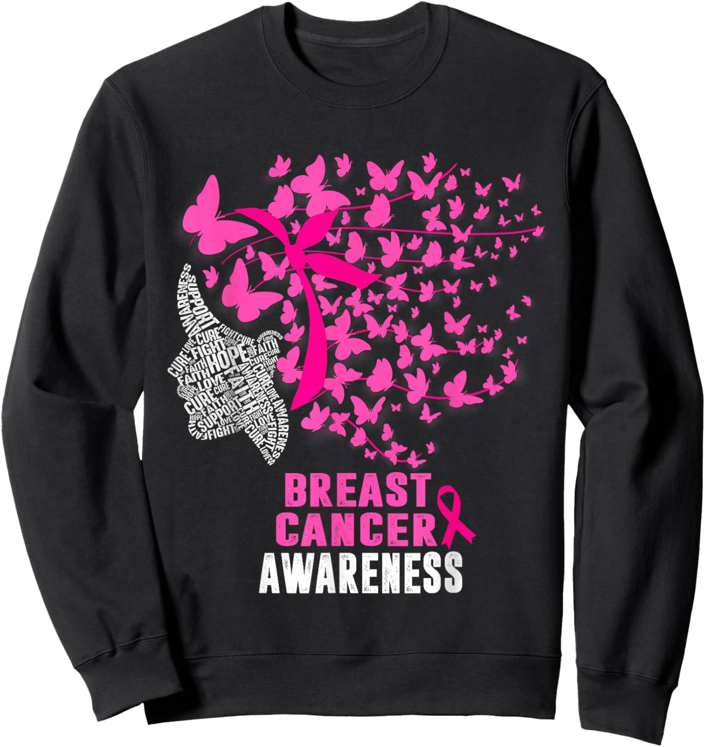 Breast Cancer Awareness Butterfly Pink Ribbon Support Sweatshirt - Sweatshirt | Black