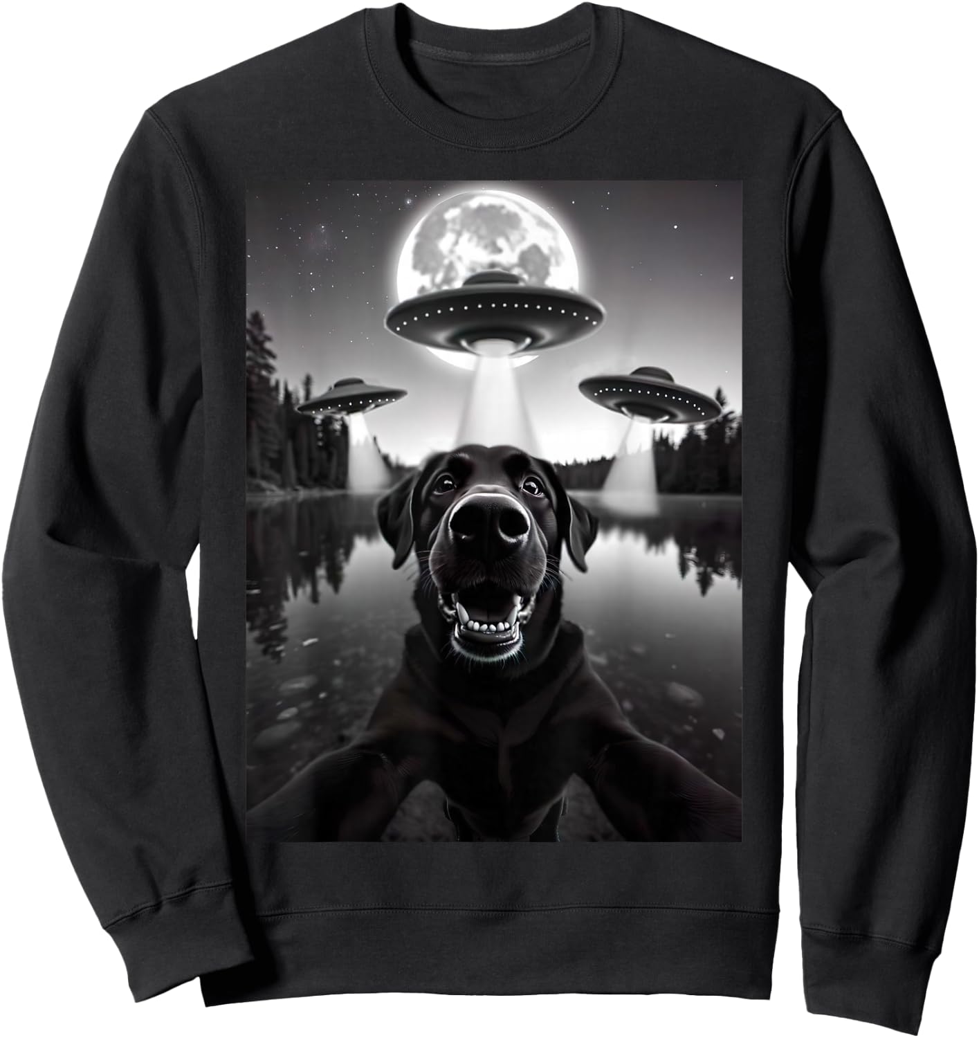 Funny Black Lab Labrador Dog Selfie with UFOs Weird Aliens Sweatshirt - Sweatshirt | Black