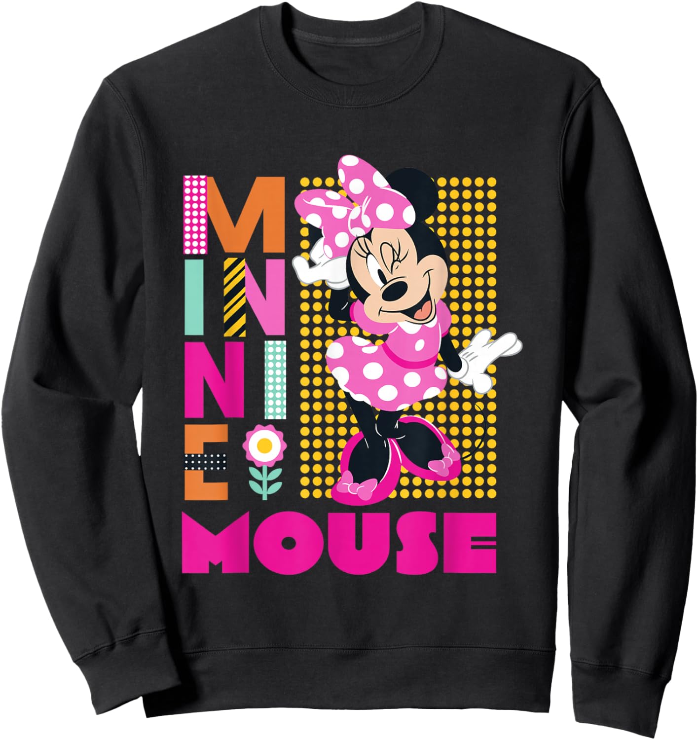 Disney Minnie Mouse Smiling Polka Dot Retro Logo Stack Sweatshirt - Sweatshirt | Black