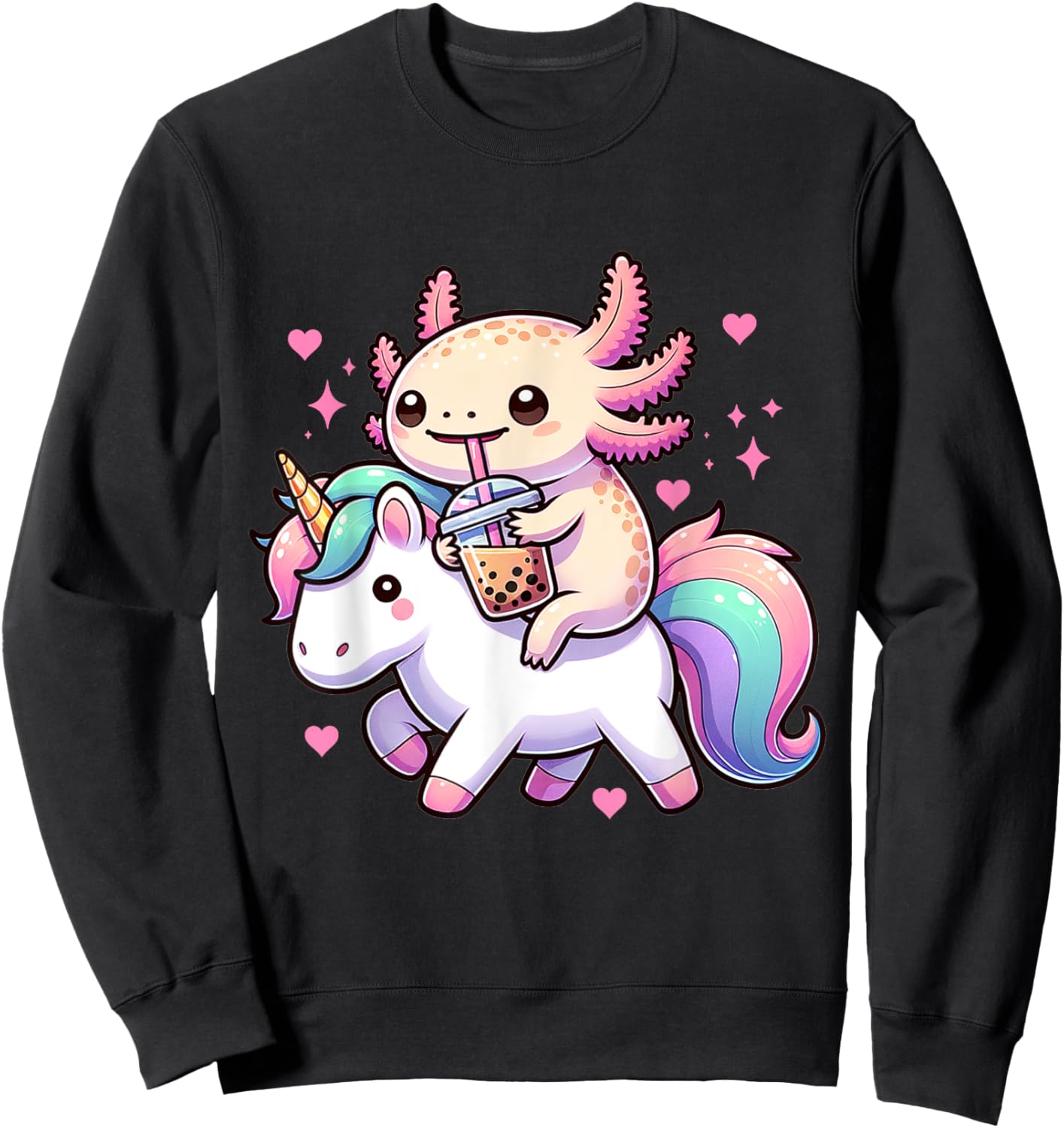 Cute Anime Kawaii Axolotl Riding A Unicorn And Drinking Boba Sweatshirt - Sweatshirt | Black