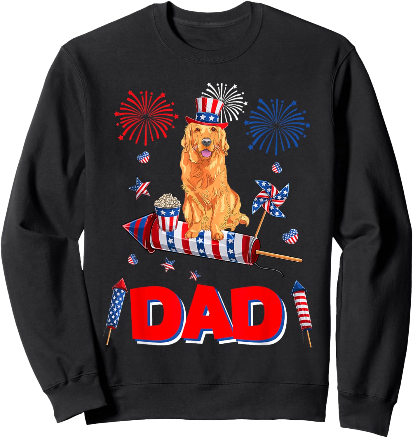 Dad Cute Golden Retriever 4th July American Flag Fireworks Sweatshirt - Sweatshirt | Black