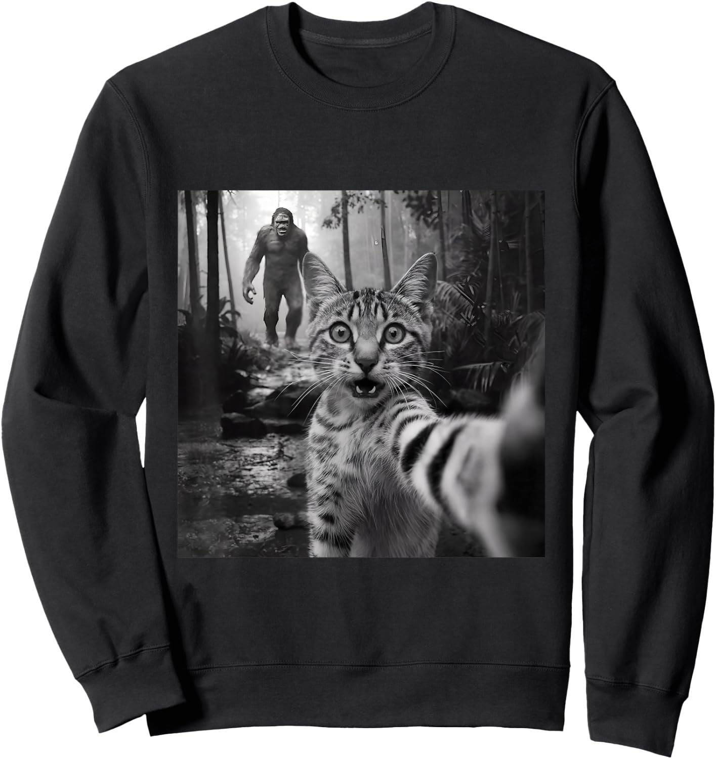 Funny surprised scared cat selfie with sasquatsch bigfoot Sweatshirt - Sweatshirt | Black