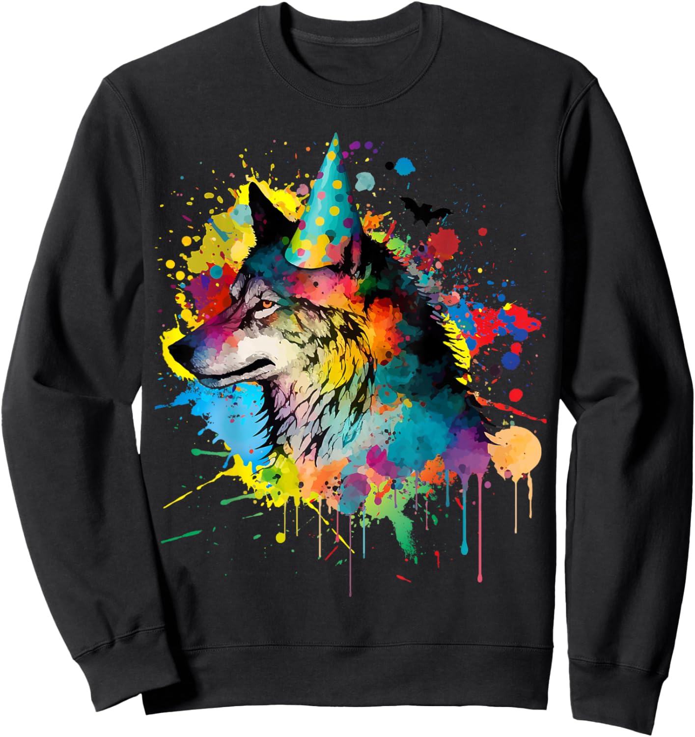 Wolf Birthday Hat Themed Party Wolves Painting Wolf Lover Sweatshirt - Sweatshirt | Black