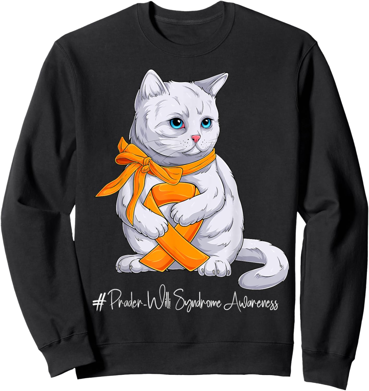Prader-Willi Syndrome Awareness Month Orange Ribbon Cat Sweatshirt - Sweatshirt | Black