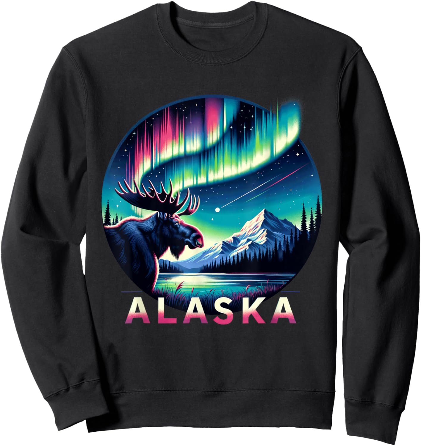 Alaska Northern Lights Aurora Viewing Alaska Vacation Moose Sweatshirt - Sweatshirt | Black
