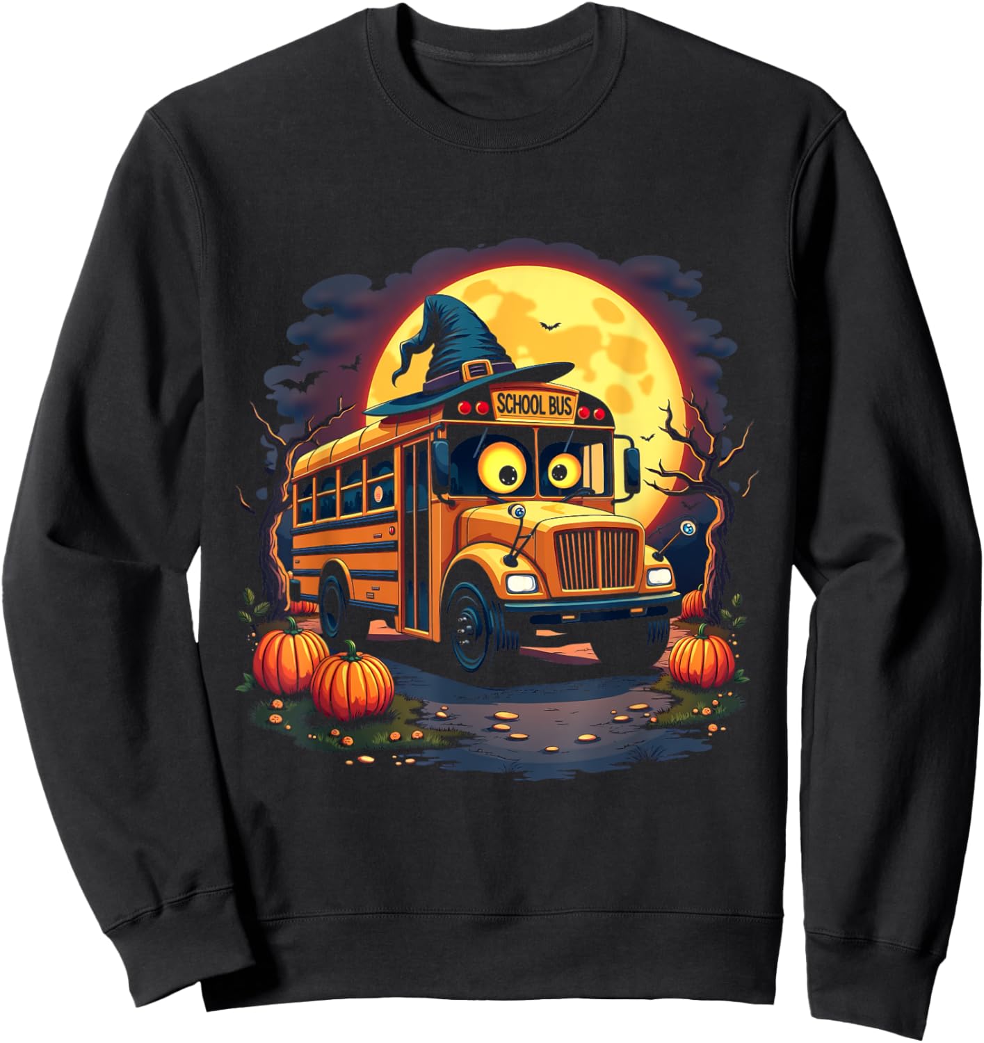 Halloween School Bus with Witch Hat and Pumpkins Spooky Sweatshirt - Sweatshirt | Black