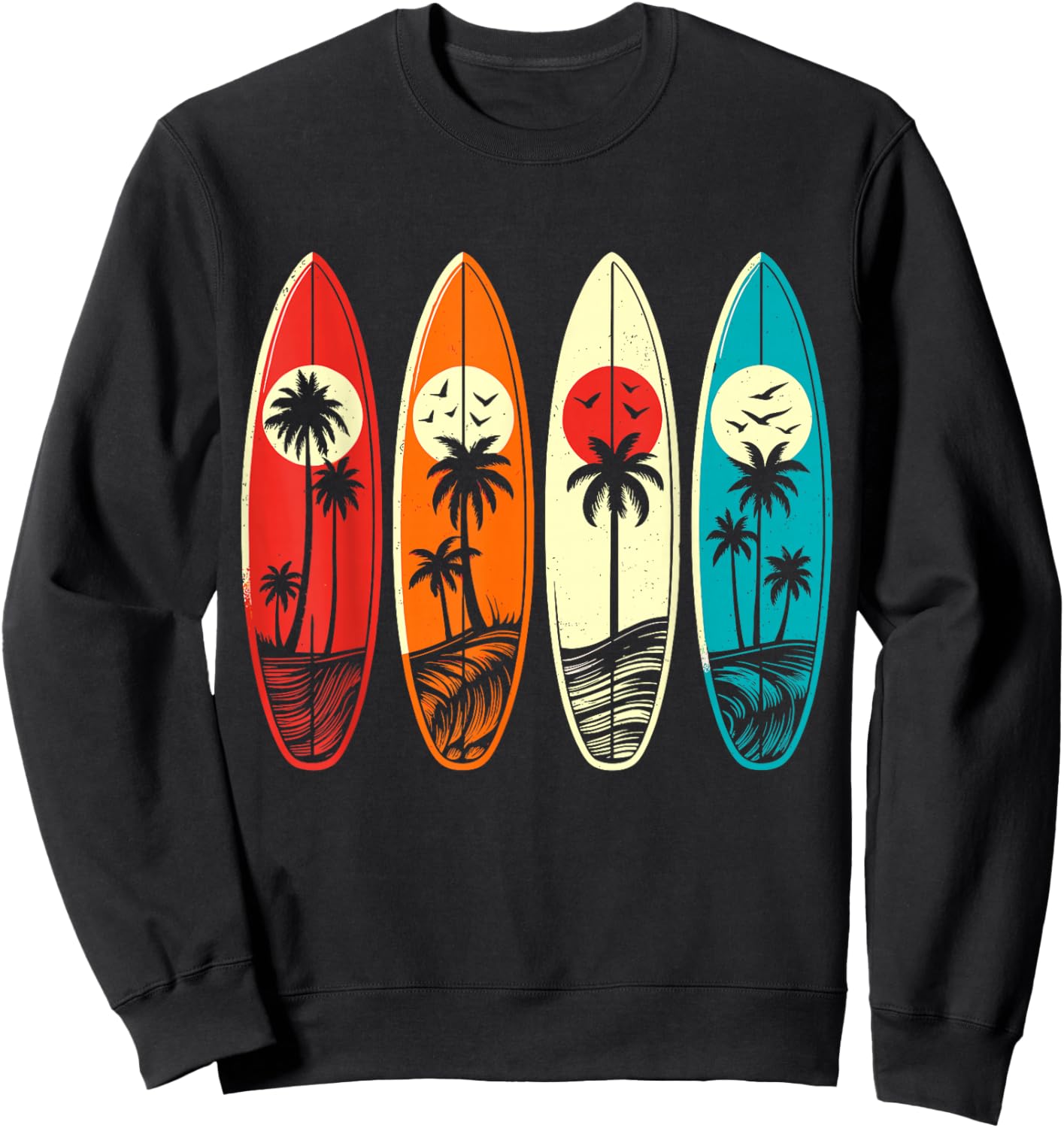 Tropical Hawaii Palm Surfing Beach Surfboard Retro Surf Sweatshirt - Sweatshirt | Black