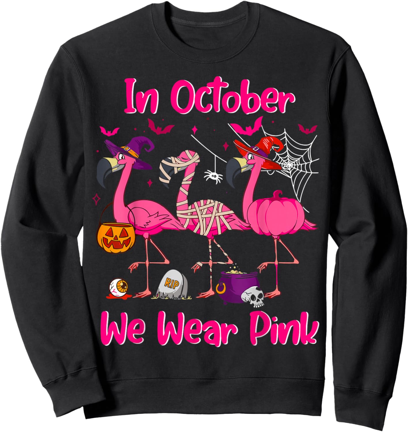 In October We Wear Pink Flamingo Breast Cancer Awareness Sweatshirt - Sweatshirt | Black