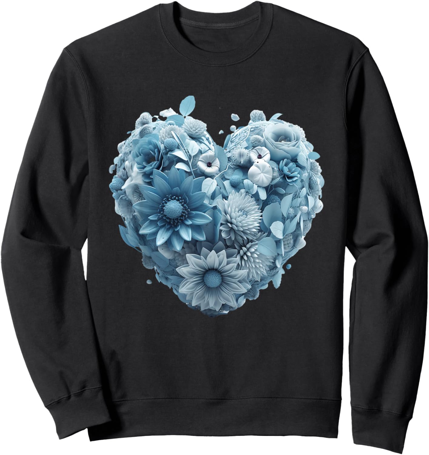 Cute Light Blue Heart Graphic Made of Flowers Girl Sweatshirt - Sweatshirt | Black