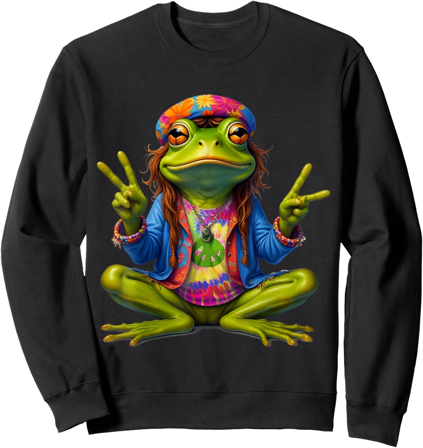 Tie-Dye Frog Peace Sign 60s 70s Hippie Men Women Sweatshirt - Sweatshirt | Black