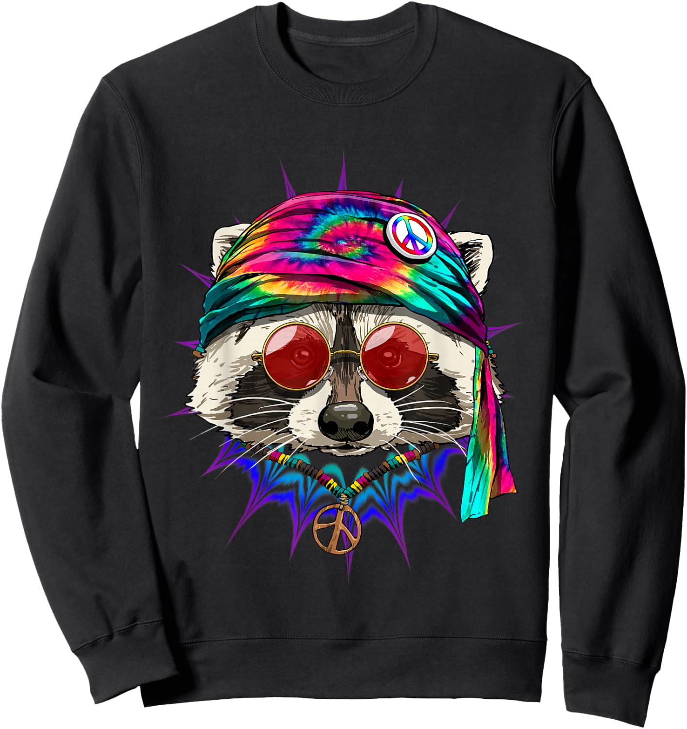 Hippie Raccoon Tie Dye Peace Sign Psychedelic Trash Panda Sweatshirt - Sweatshirt | Black