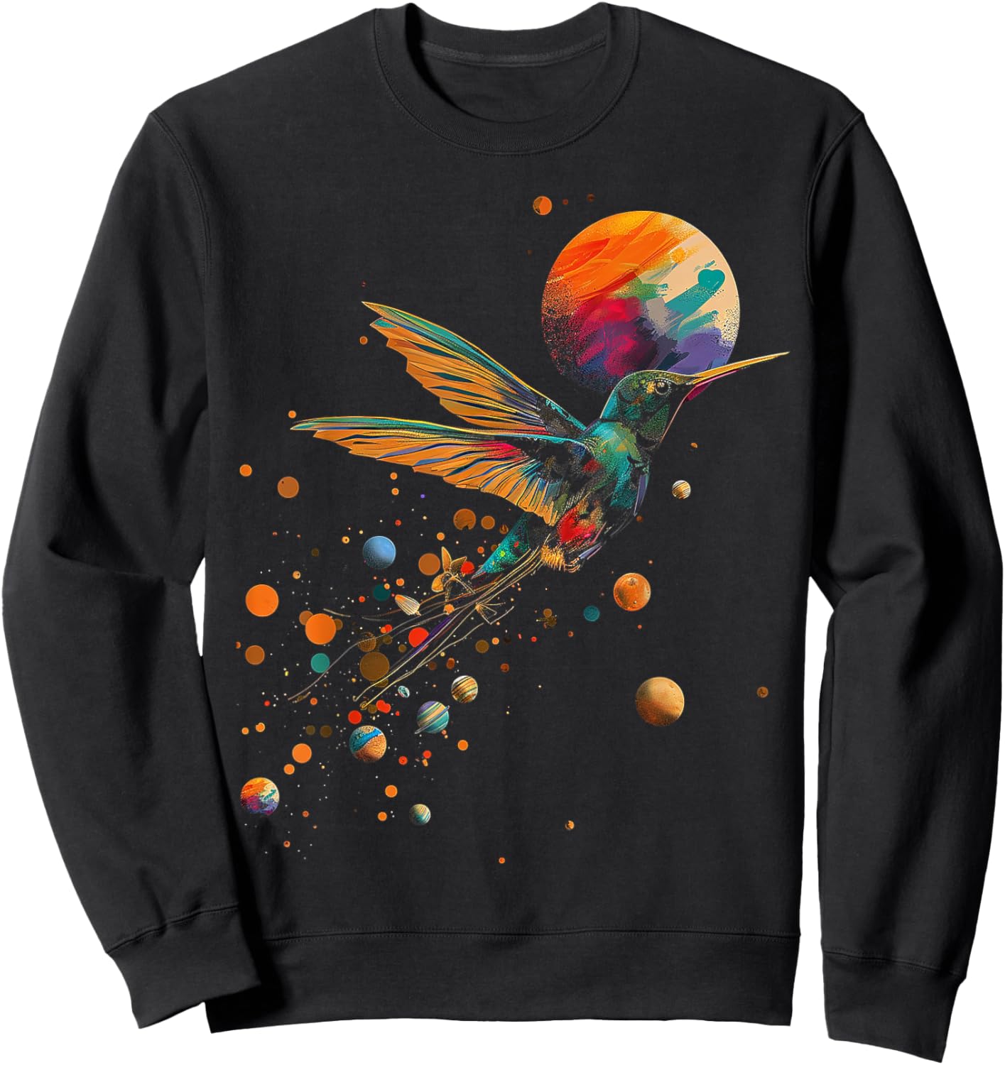 Hummingbird Colorful Planets Geometric Animal Artwork Bird Sweatshirt - Sweatshirt | Black