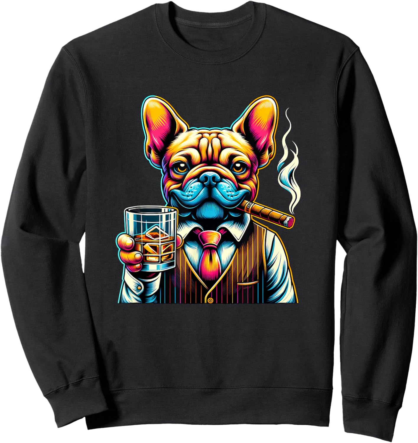 Frenchie dog Cigar And Whiskey Men Women Sweatshirt - Sweatshirt | Black