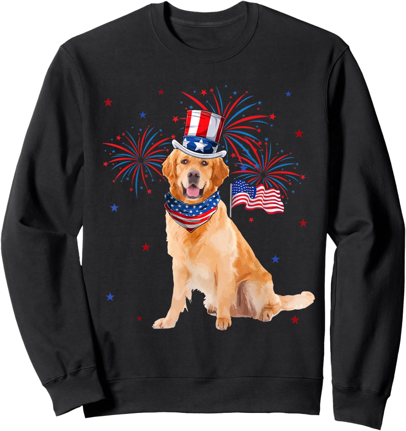 Golden Retriever Costume American Flag 4th of July Fireworks Women Kids Men Sweatshirt - Sweatshirt | Black