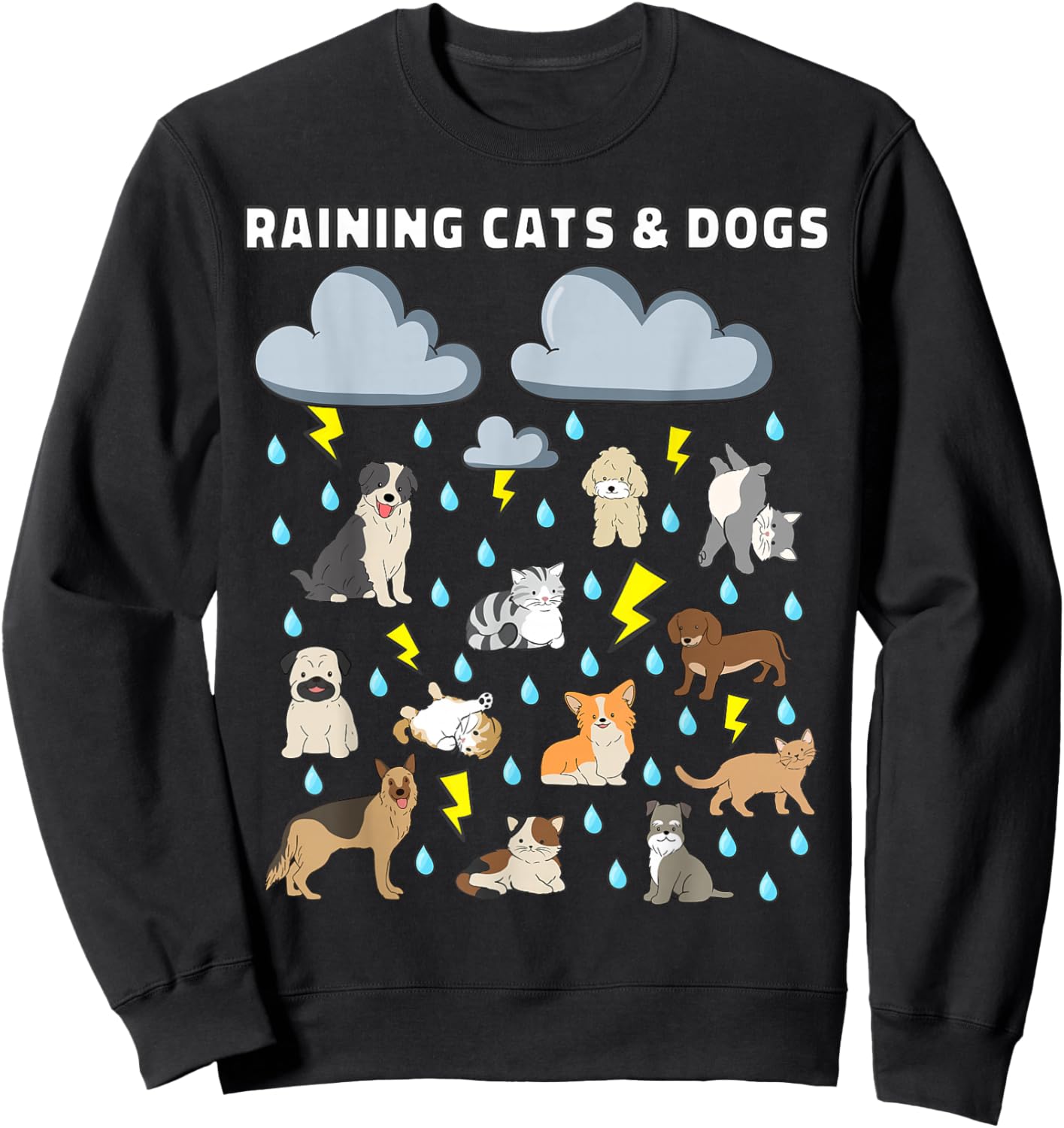 Funny English Idiom Raining Cats and Dogs Puppies Kitten Sweatshirt - Sweatshirt | Black