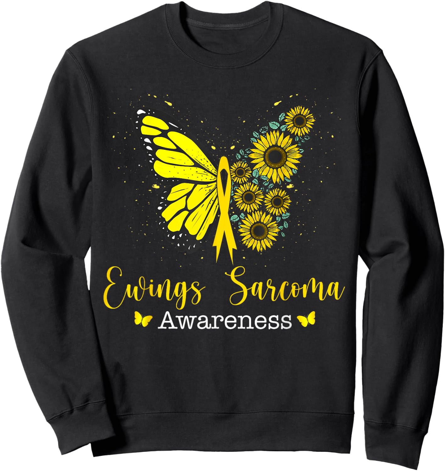 Ewings Sarcoma Cancer Awareness Butterfly & Sunflower Sweatshirt - Sweatshirt | Black