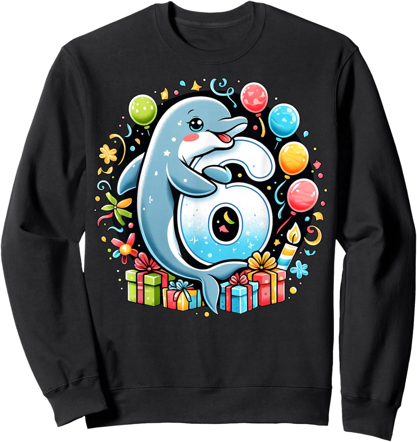 Kids Dolphin Theme sixth Bday Party 6th Dolphin Birthday Sweatshirt - Sweatshirt | Black