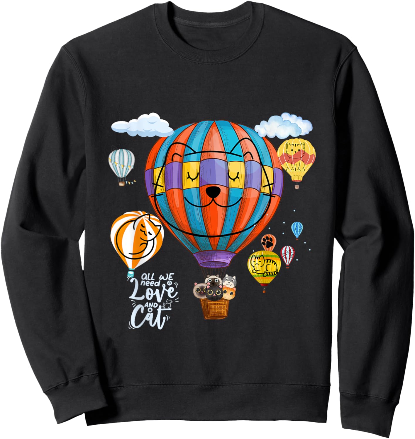 Fun Cats On Hot Air Balloons Men Women Sweatshirt - Sweatshirt | Black