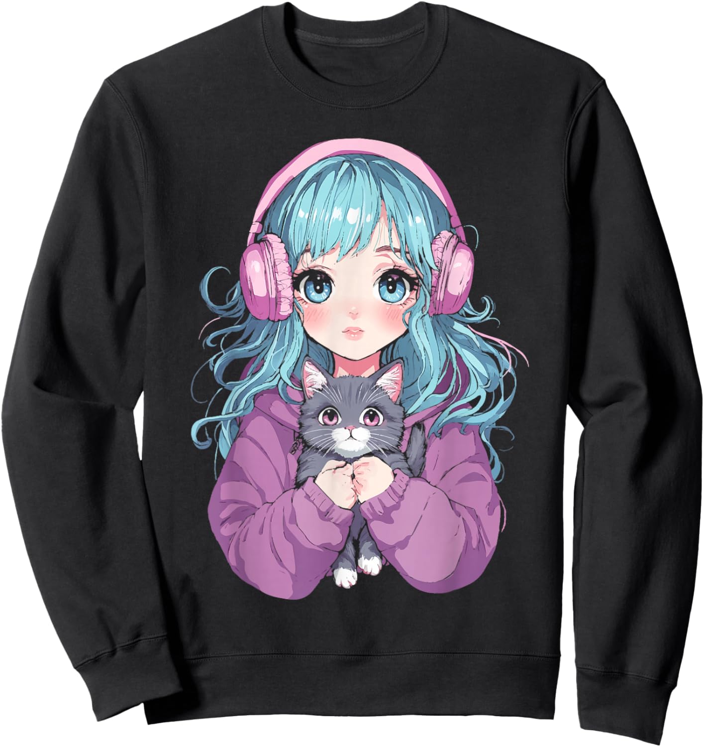 Anime Girl Cat Japanese Kawaii Teens Girls Sweatshirt - Sweatshirt | Black