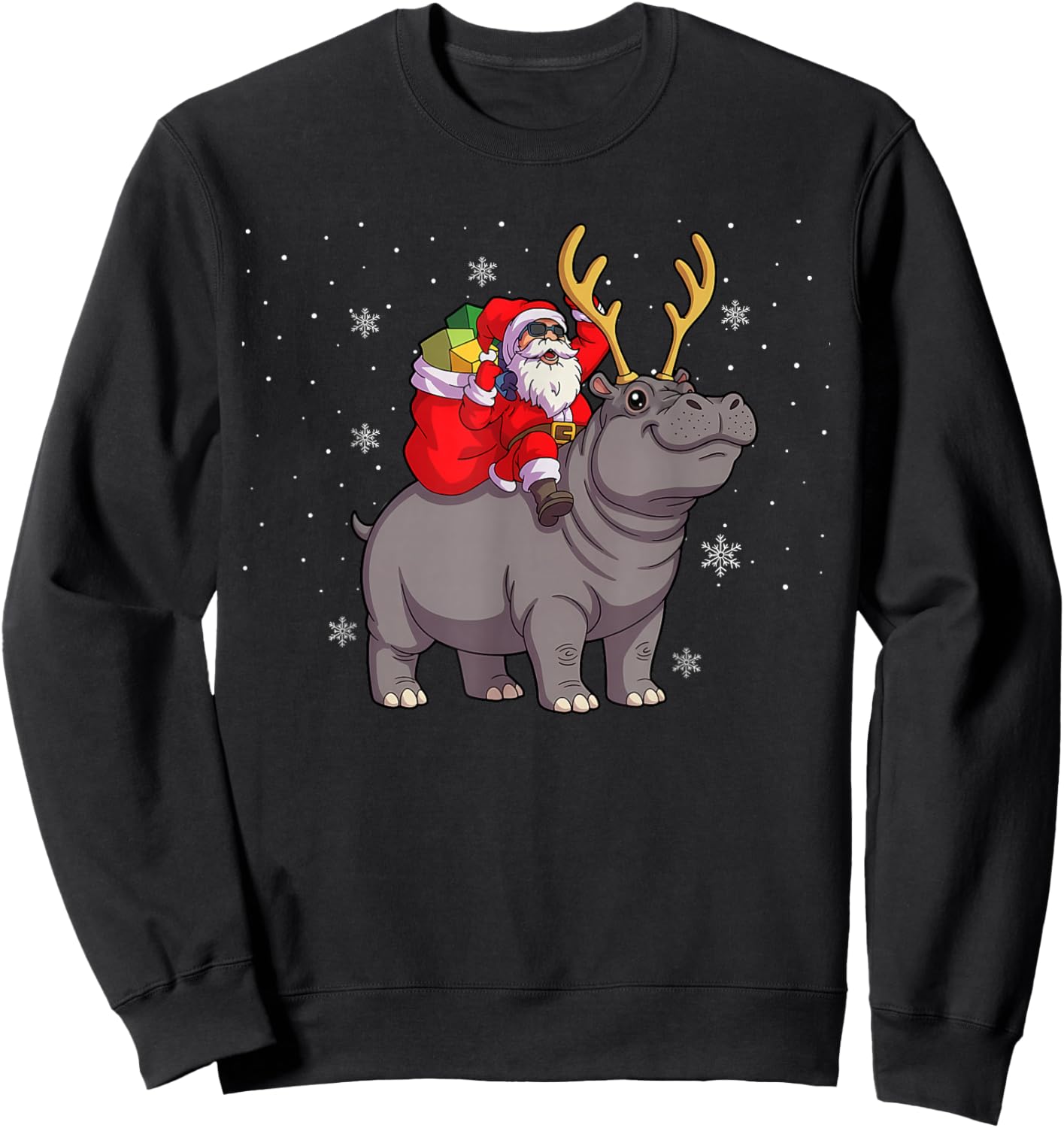 Santa Riding Hippo Deer Xmas Hippo Christmas Sweatshirt - Sweatshirt | Black