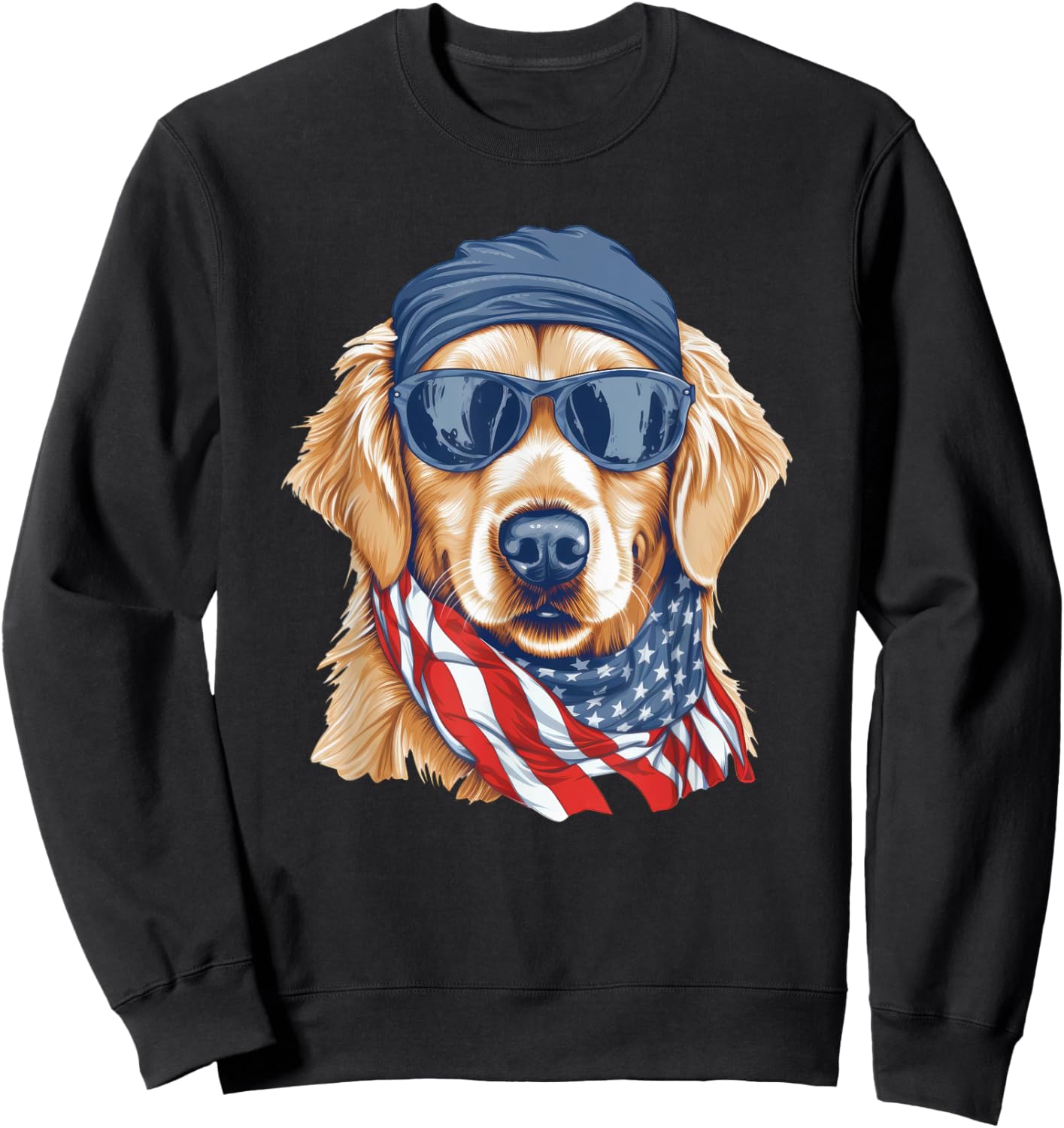 Golden Retriever Sunglasses Bandana Patriotic American Flag Women Kids Men Sweatshirt - Sweatshirt | Black