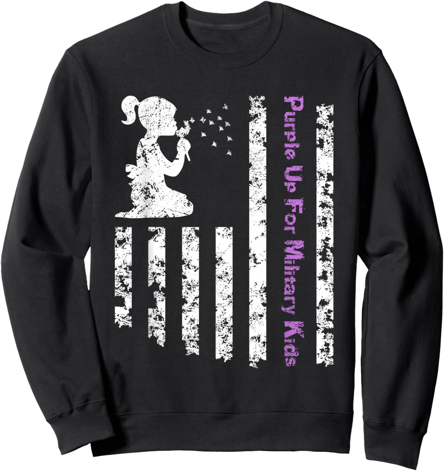 Purple Up For Military Kids Army Child Dandelion US Flag Sweatshirt - Sweatshirt | Black