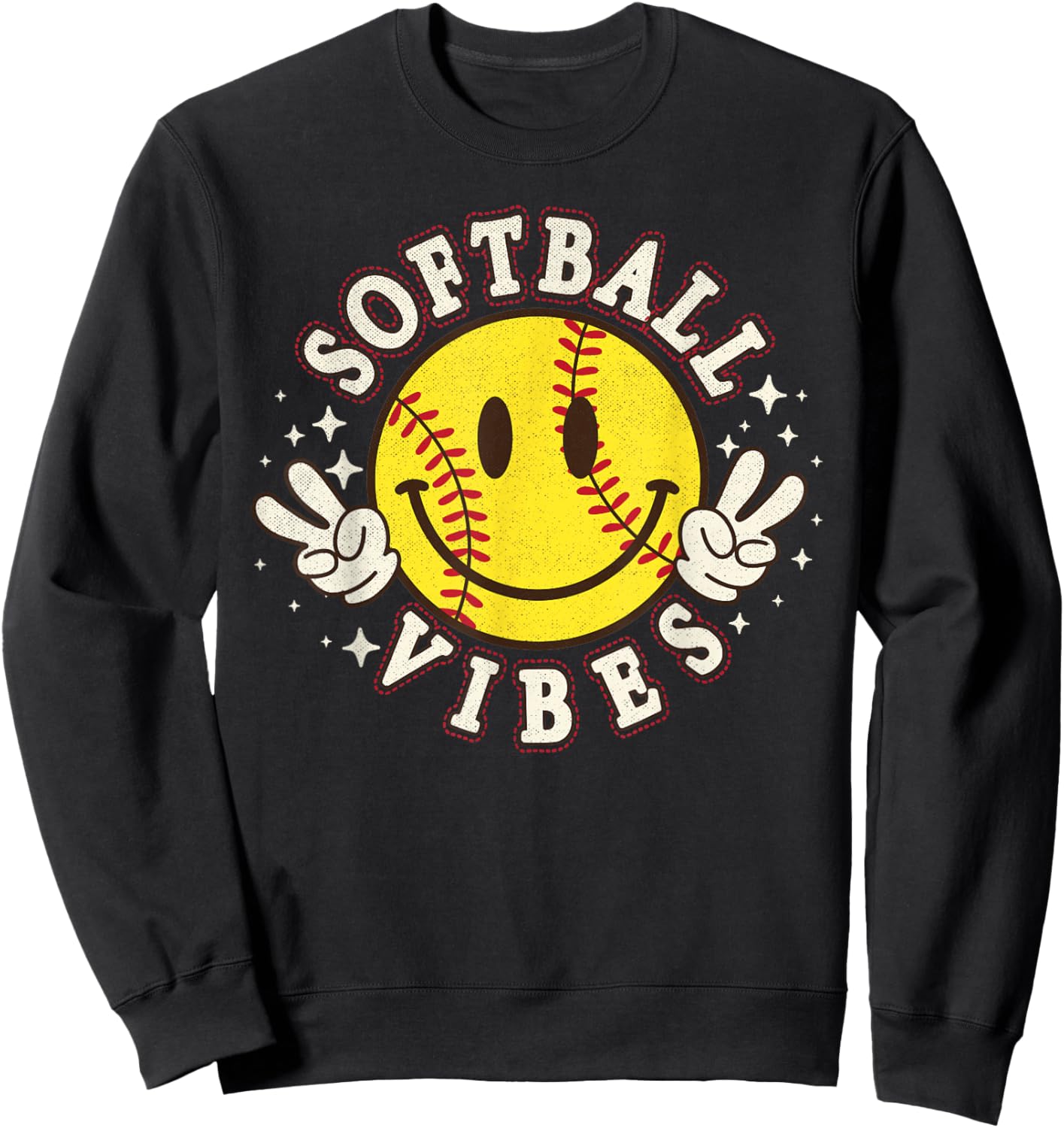 Softball Vibes Smile Face Game Day Softball Life Mom Retro Sweatshirt - Sweatshirt | Black