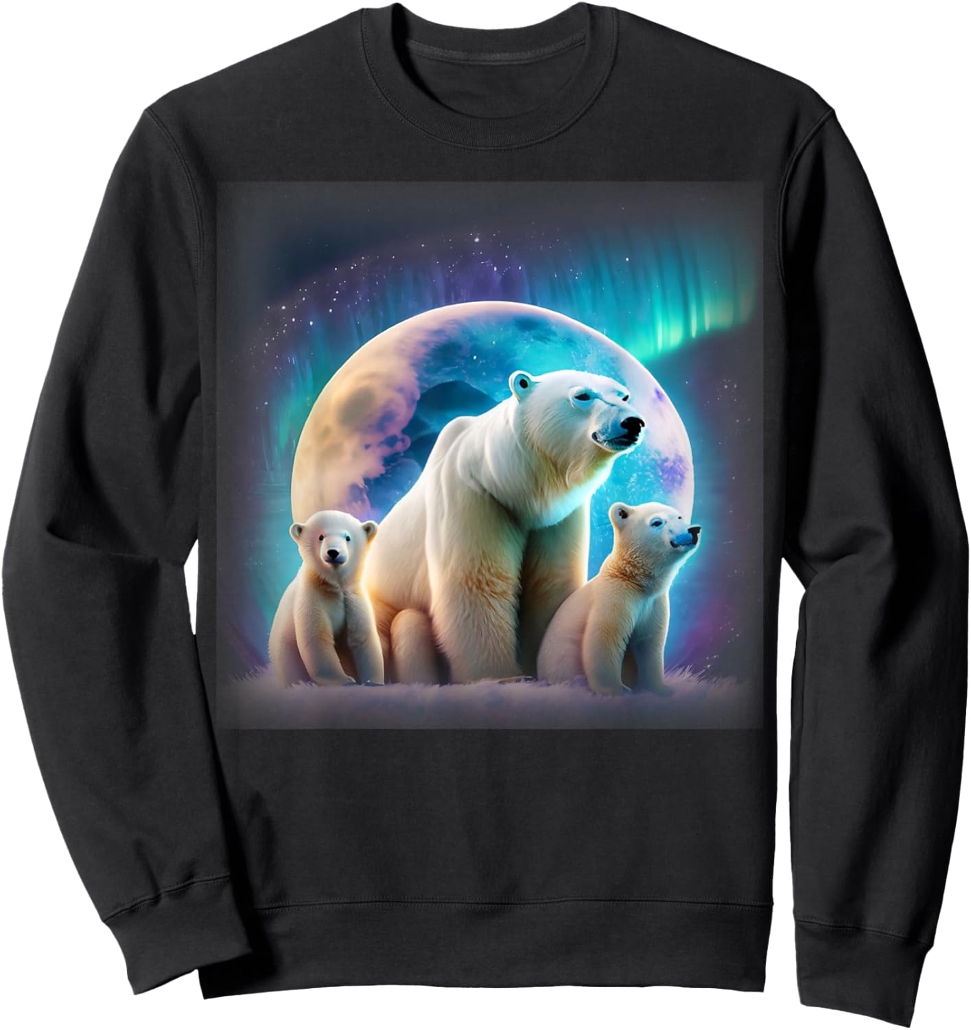 Mother and Baby Polar Bears Under Northern Lights and Moon Sweatshirt - Sweatshirt | Black