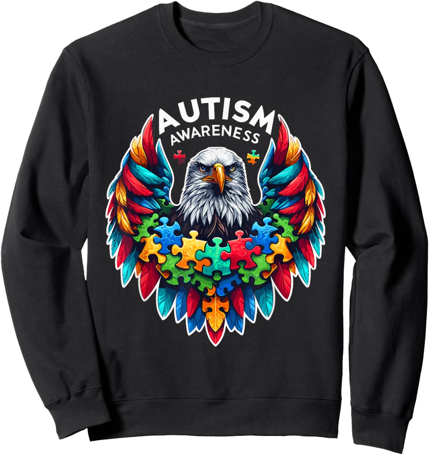 Autism Awareness puzzle pieces eagle Sweatshirt - Sweatshirt | Black