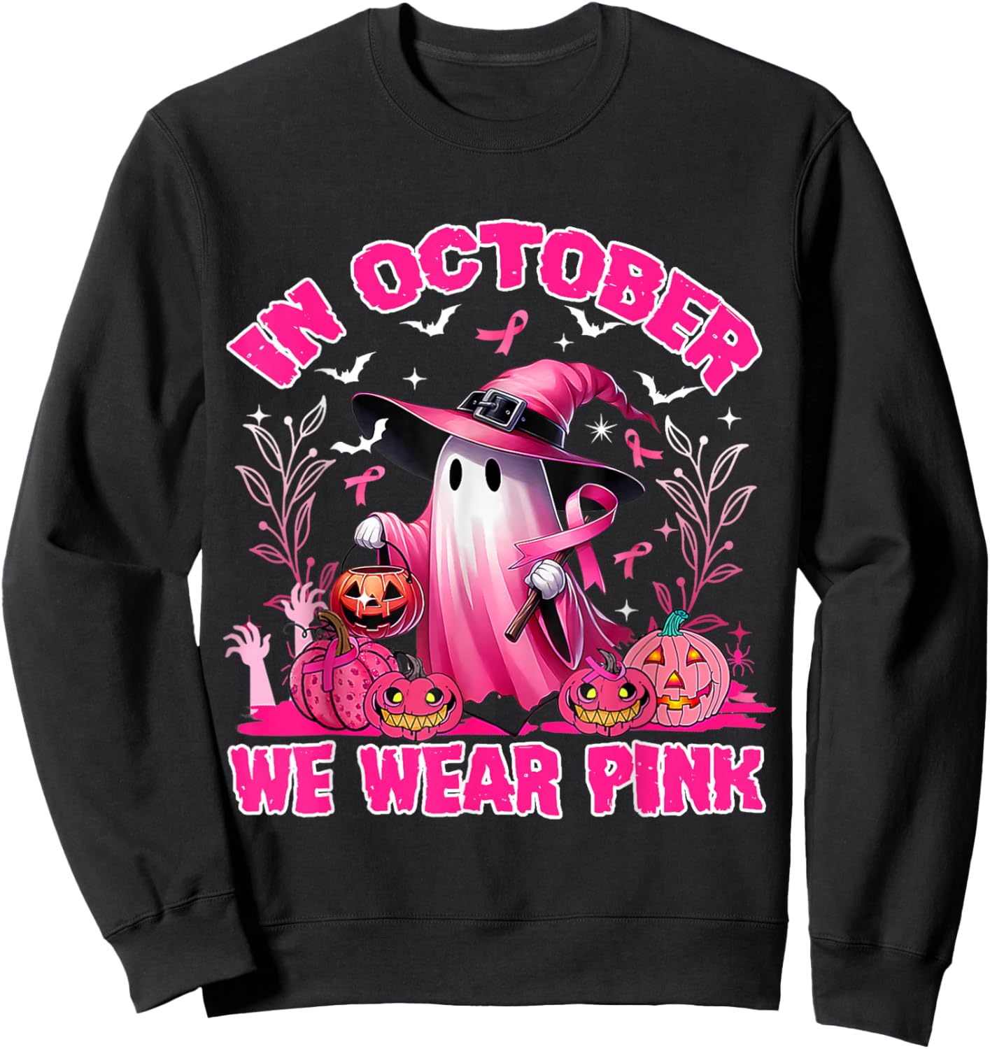 In October We Wear Pink Ghost Witch Breast Cancer Awareness Sweatshirt - Sweatshirt | Black