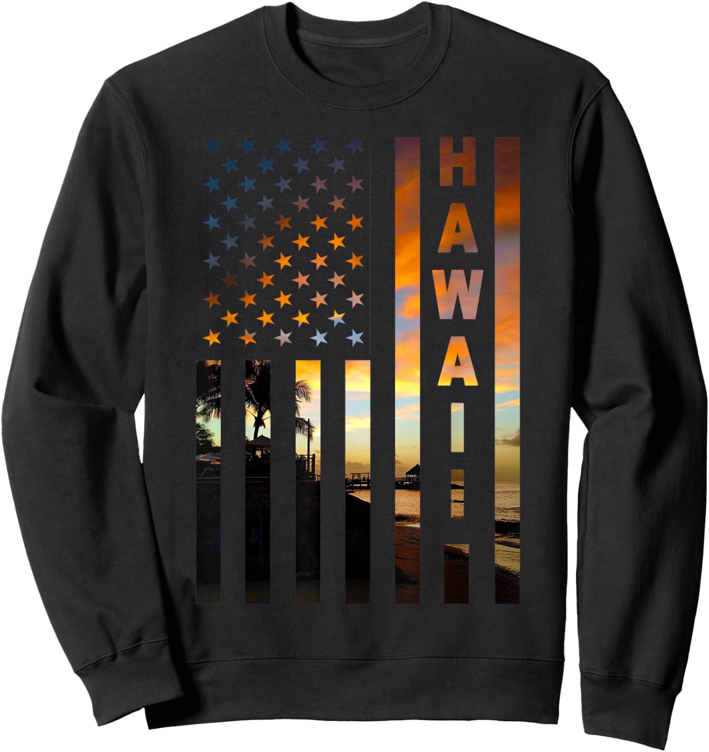 Hawaii Sunset American Flag Honolulu Hawaiian Island Sweatshirt - Sweatshirt | Black