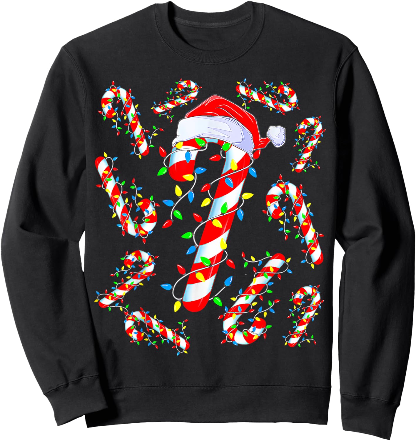Red And White Candy Cane Santa Christmas Funny Xmas Lights Sweatshirt - Sweatshirt | Black