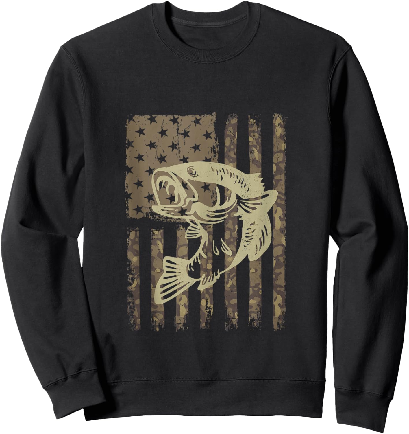 Camouflage USA Flag Big Mouth Bass Vintage Fishing Sweatshirt - Sweatshirt | Black