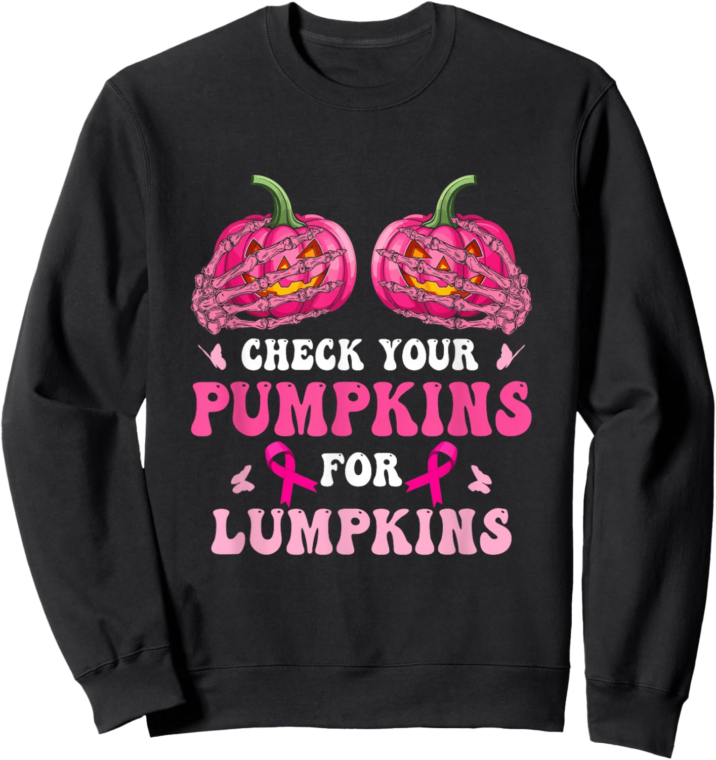 Check Your Pumpkins Breast Cancer Awareness Halloween Sweatshirt - Sweatshirt | Black